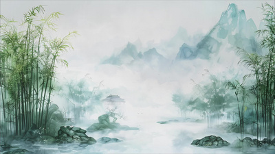 清明节清明群山绿树中国风山水自然风景国风竹林庭院AI视频背景