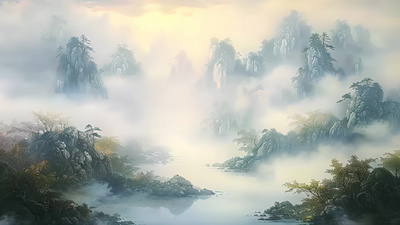 4K水墨中国风山水视频背景AI视频素材
