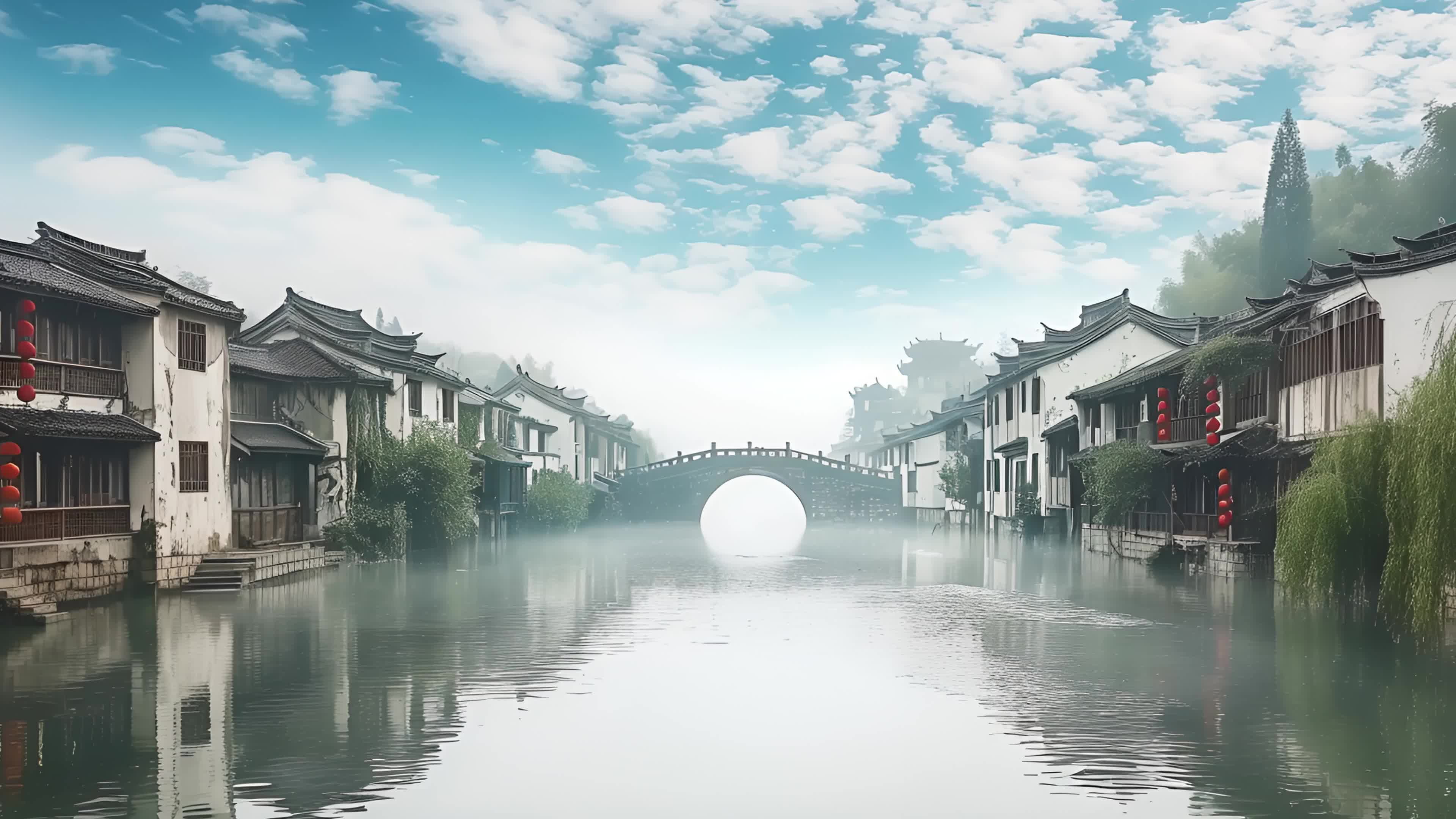 4k江南水乡中式建筑小桥流水ai视频素材