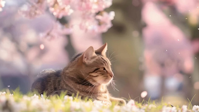 春天动物实拍视频素材1080P春日樱花树下猫咪唯美AI视频实拍素材