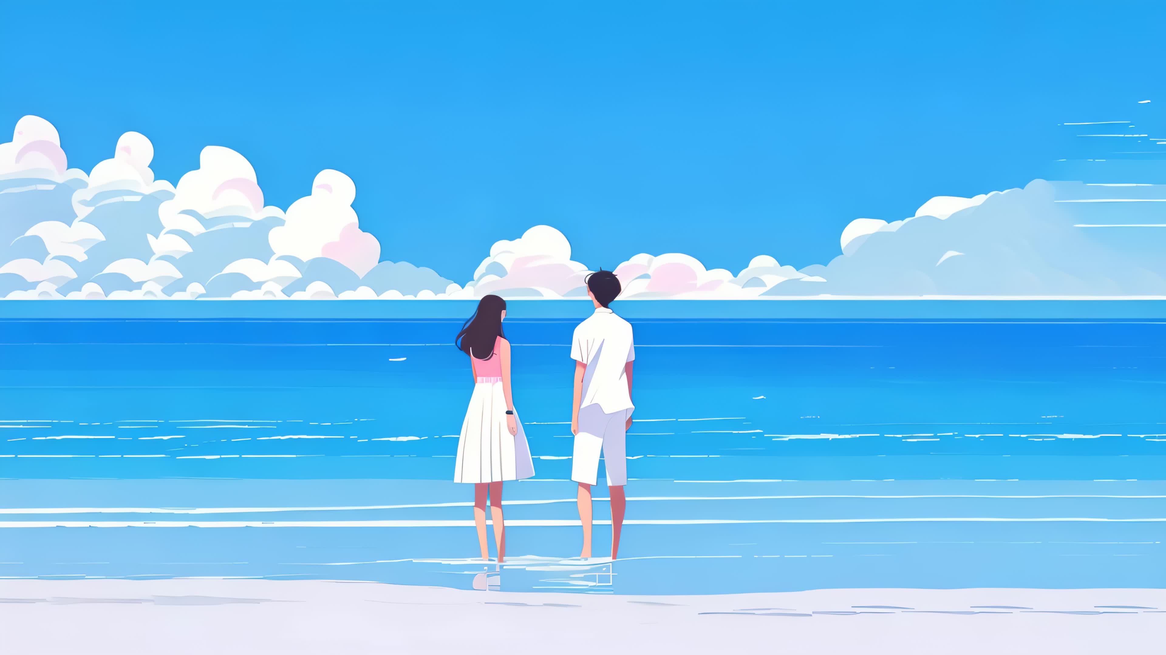 夏季漫画风卡通海边情侣看海视频