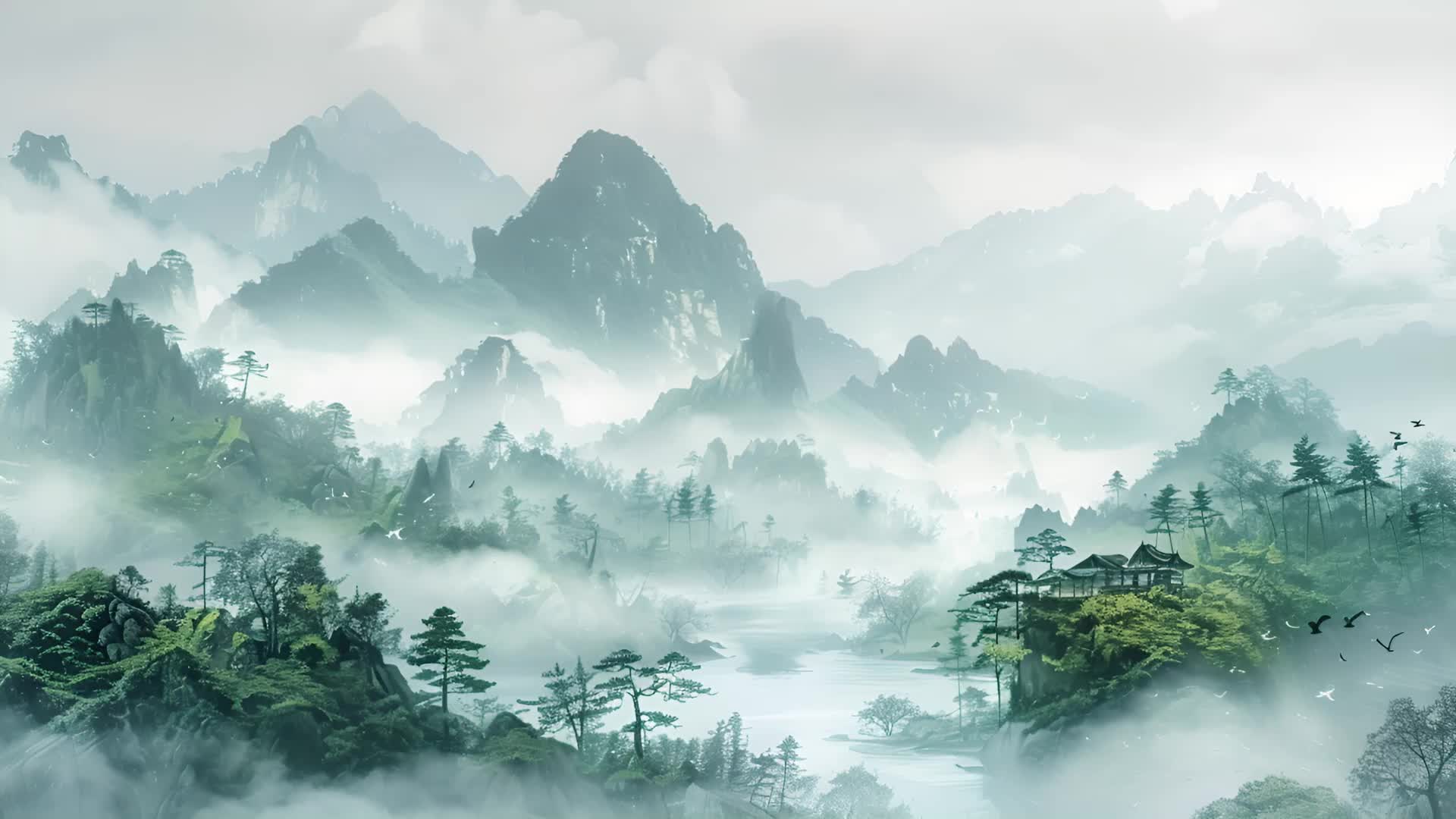 古风水墨山水画节气中国风水墨