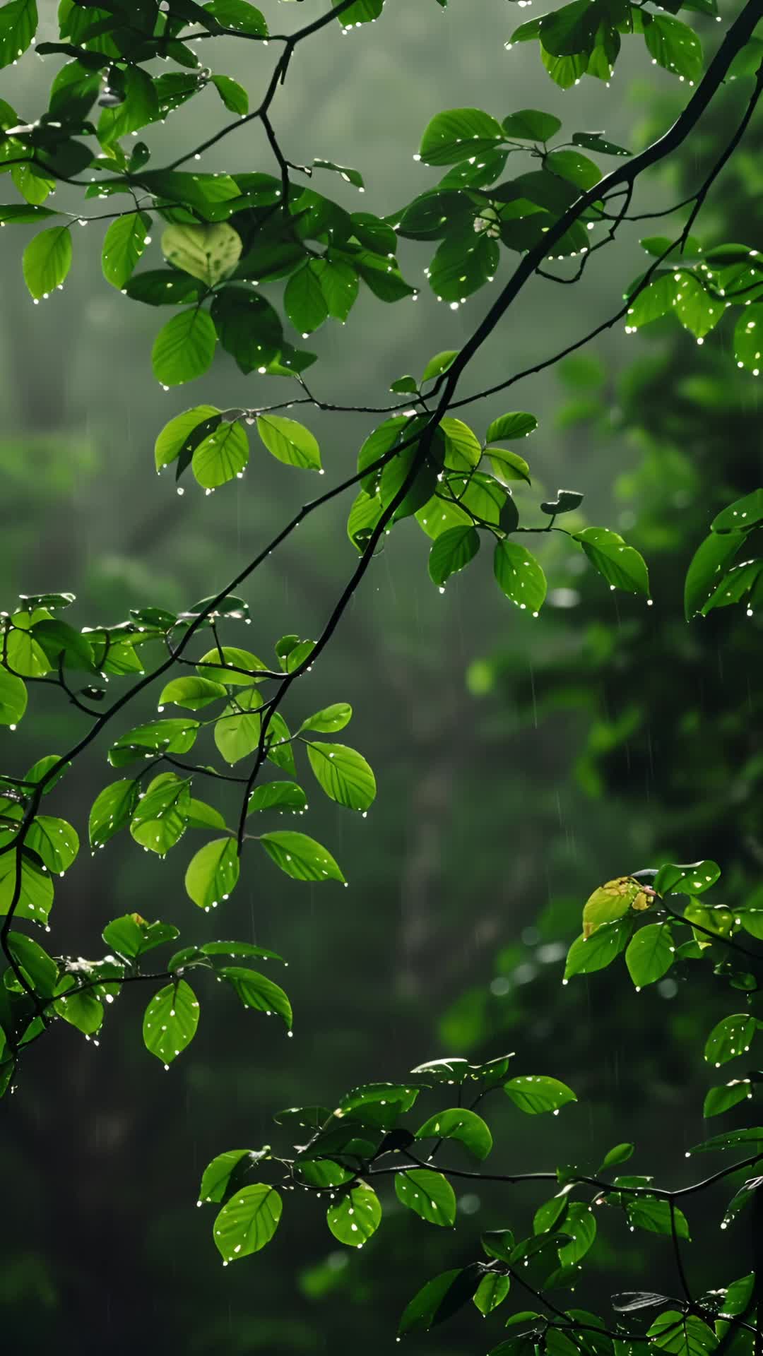 唯美雨季中的树叶下雨天雨水树叶竖屏视频特效素材