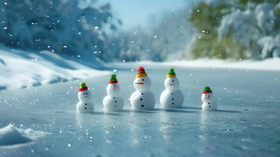 4k结冰的湖面上有一排小雪人素材