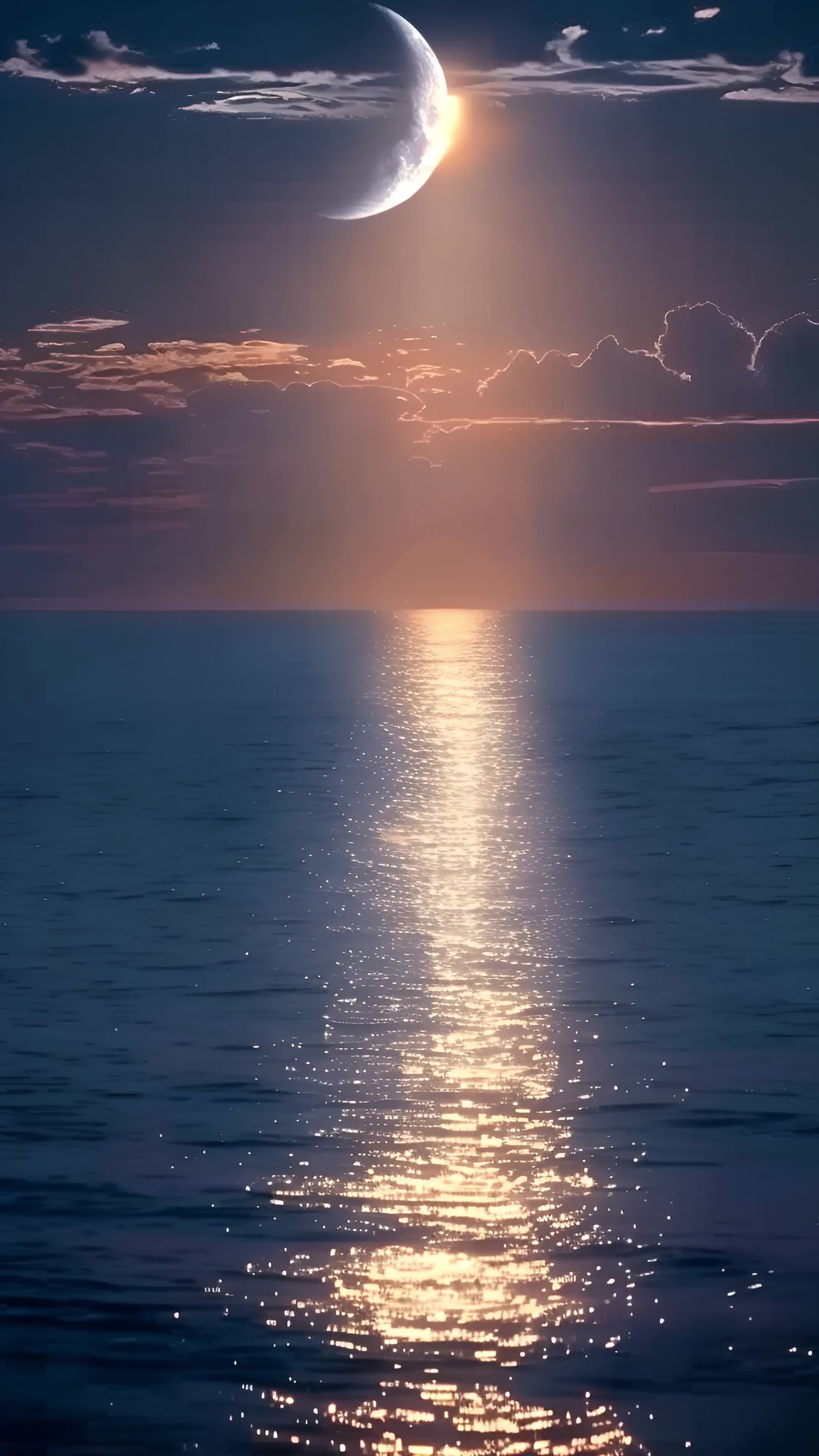 4k夜晚海面上一轮弯月素材实拍视频素材视频特效素材-千库网