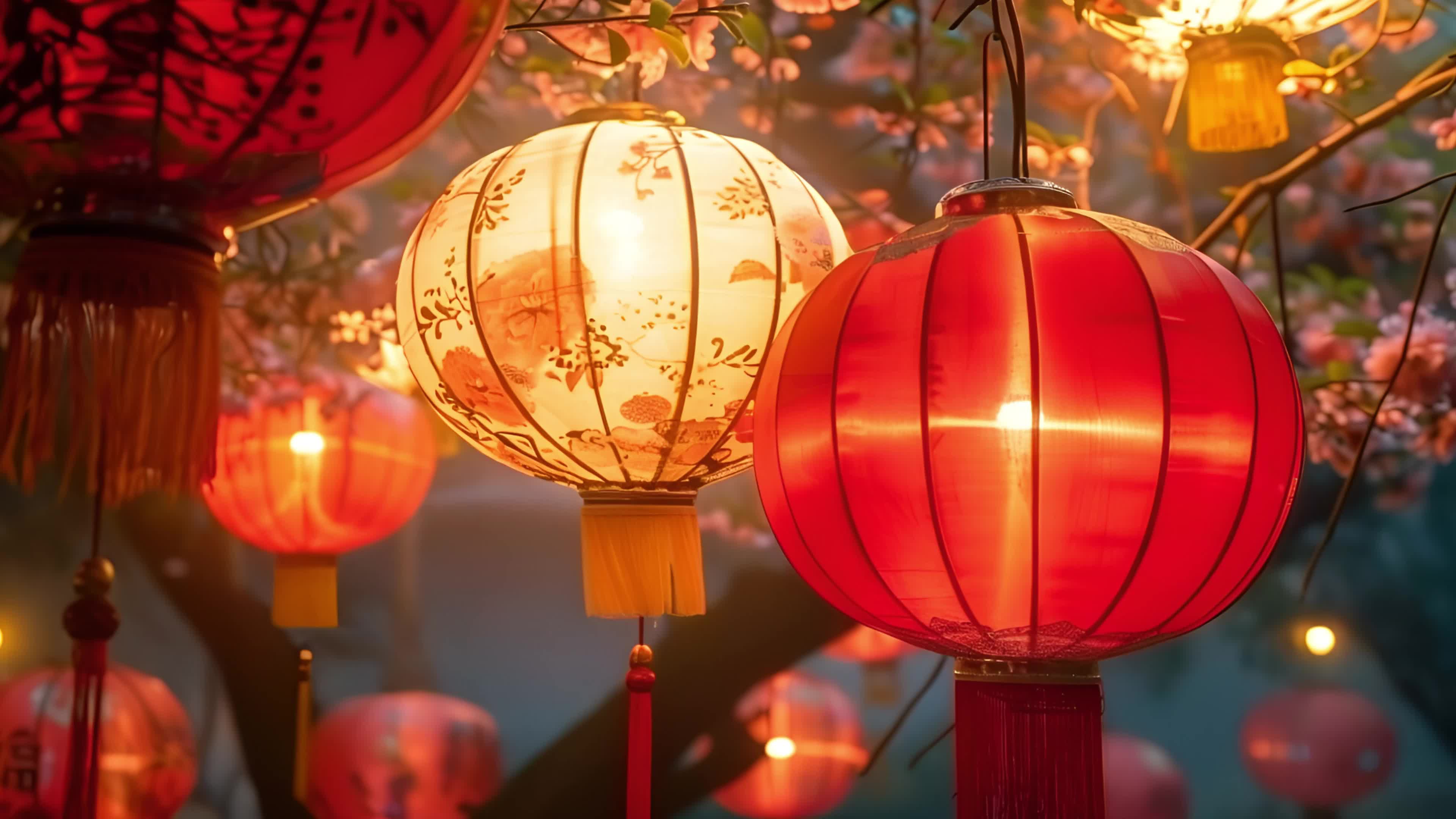 4k夜晚亮起装饰灯笼素材视频特效素材-千库网