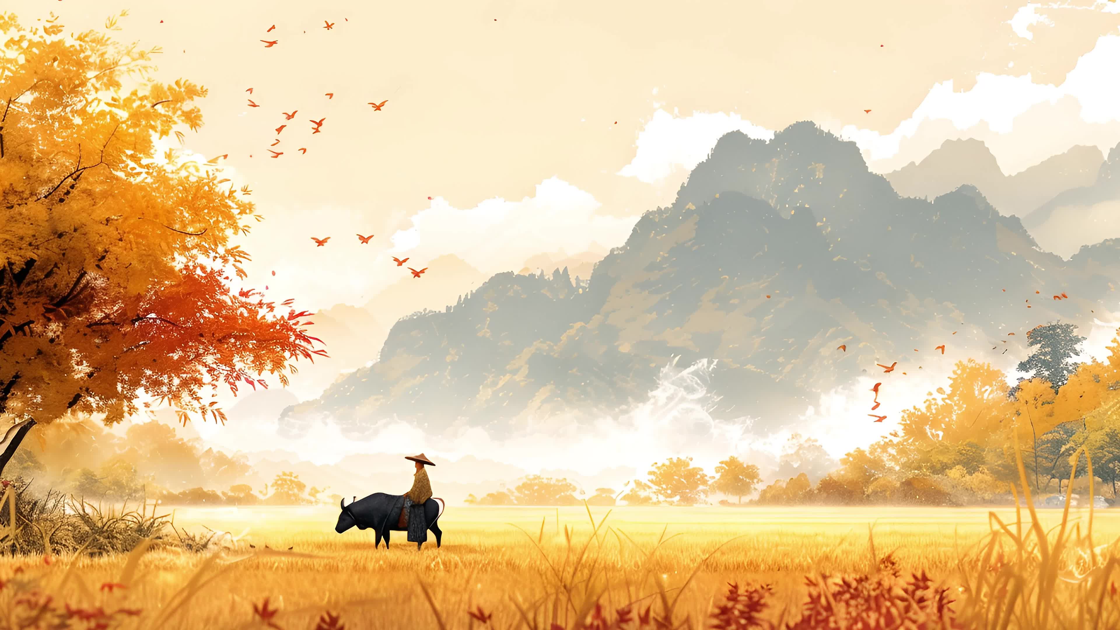 4k秋天农耕插画素材视频背景