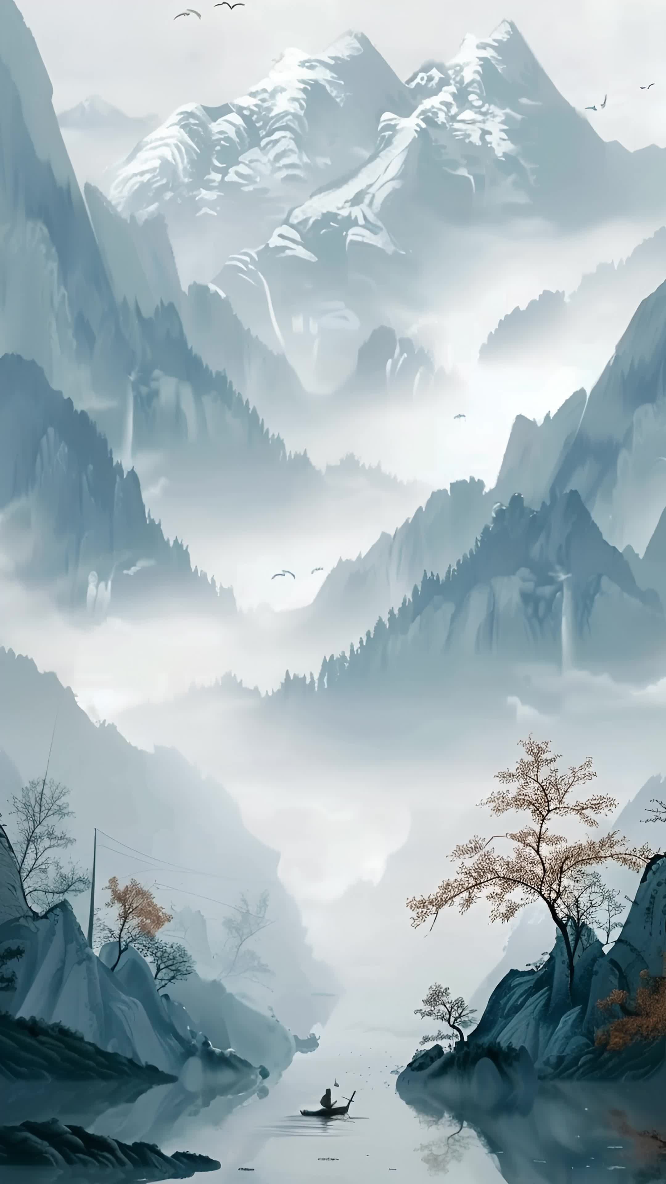 4k古风水墨山水背景素材