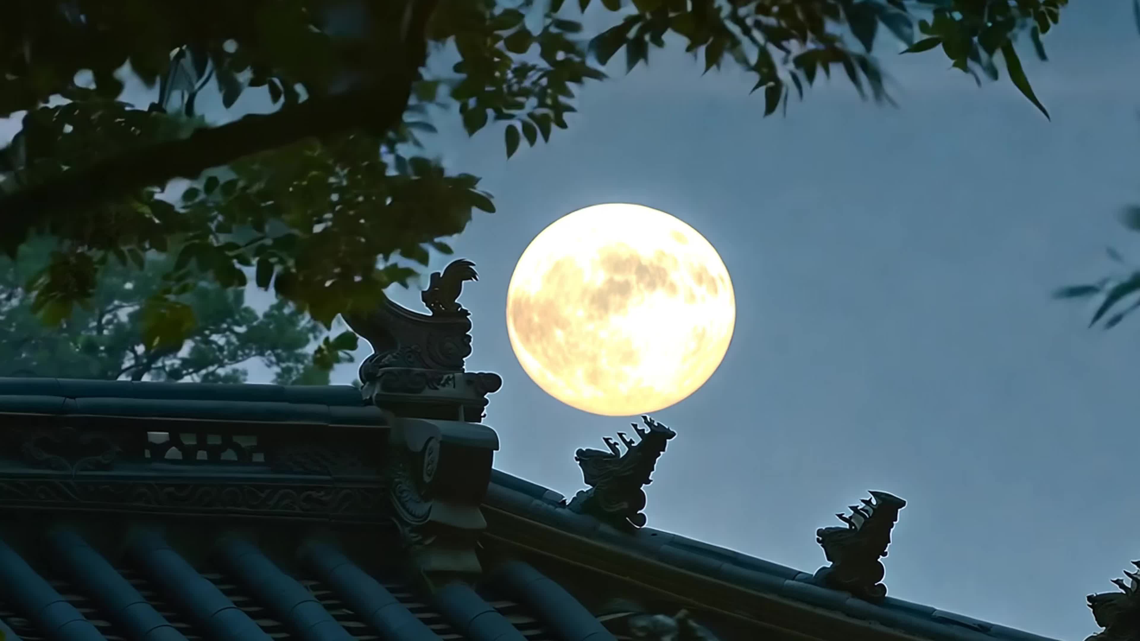 4k中秋节古建筑夜空月亮素材视频