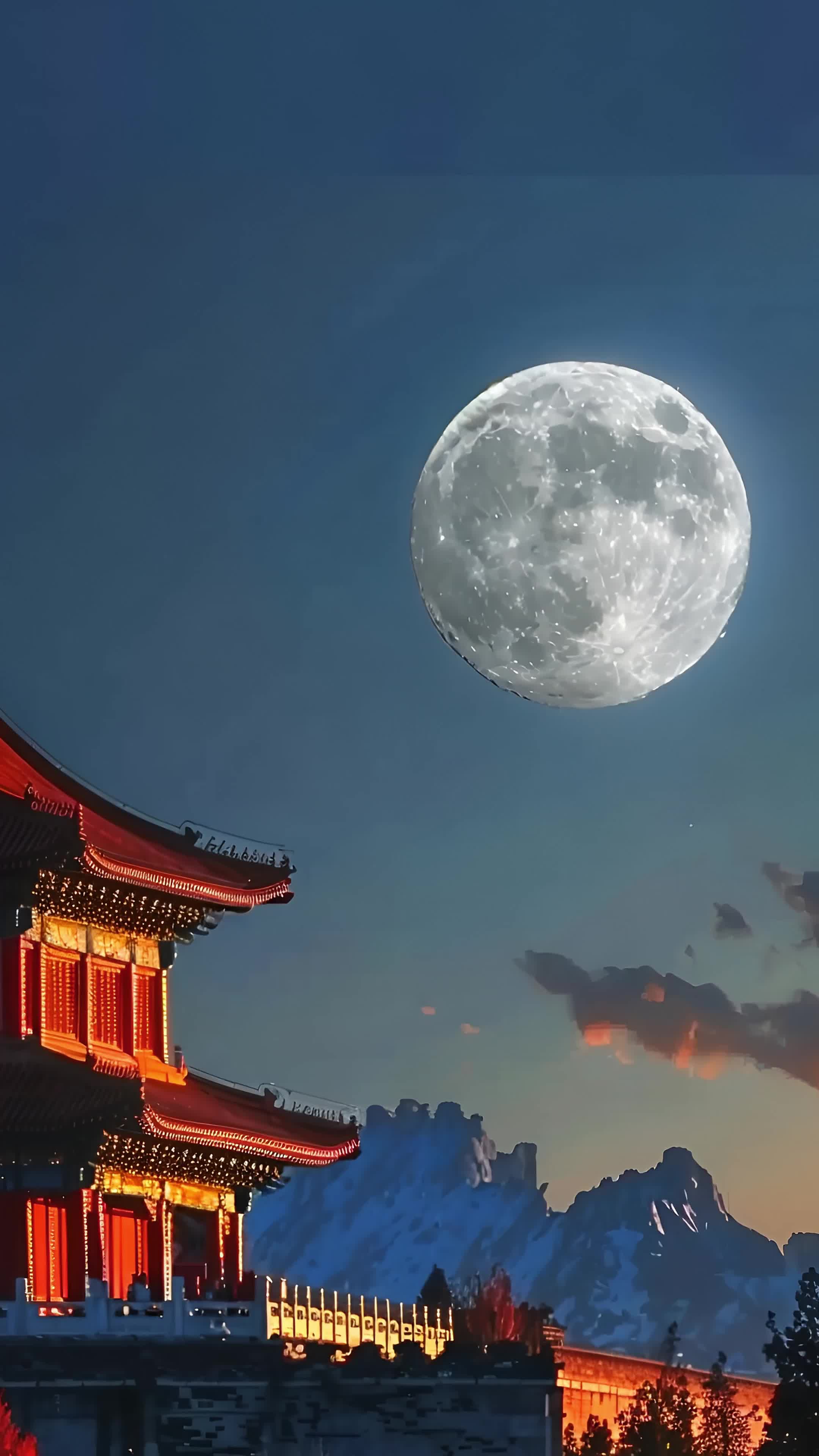 4k中秋古建筑月亮视频实拍素材