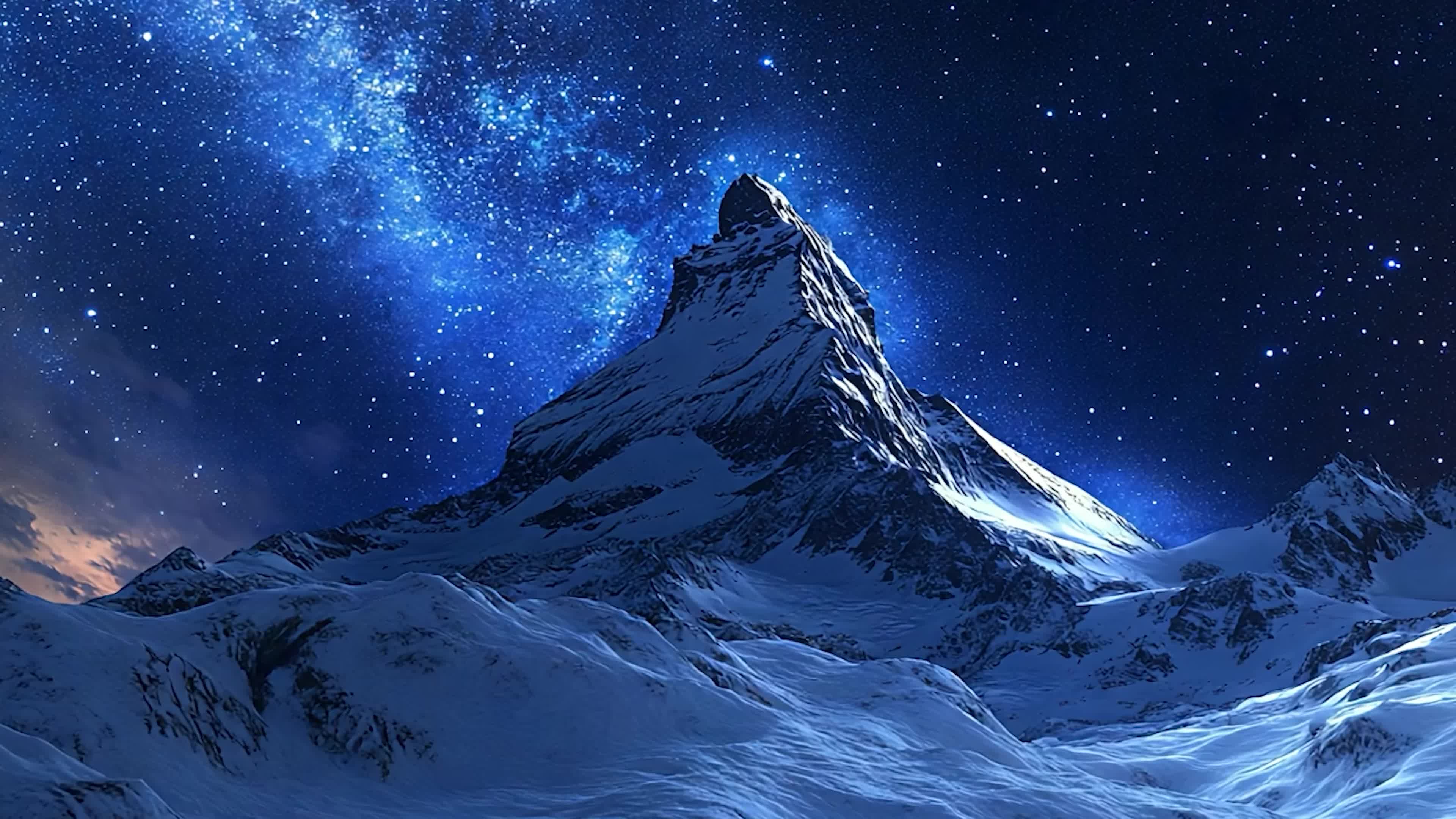 4k唯美雪山山巅蓝色星空银河实拍视频素材