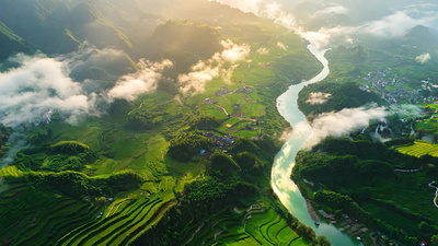 航拍中国山水风景河流平原风光视频