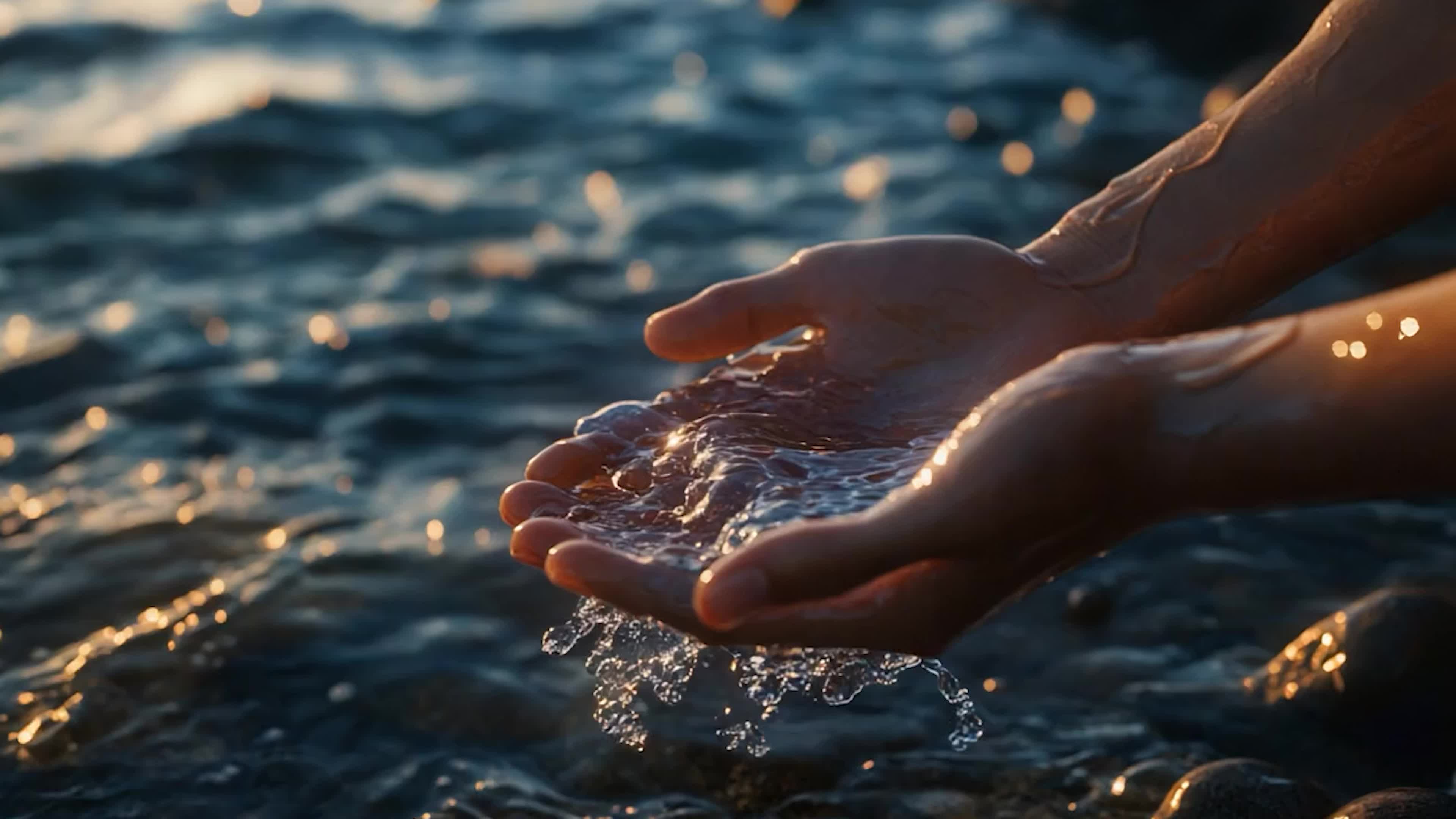 双手捧起大海里的水荡起水花实拍素材视频特效素材