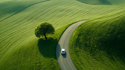 4K航拍绿色草地公路旅游出行的小车素材