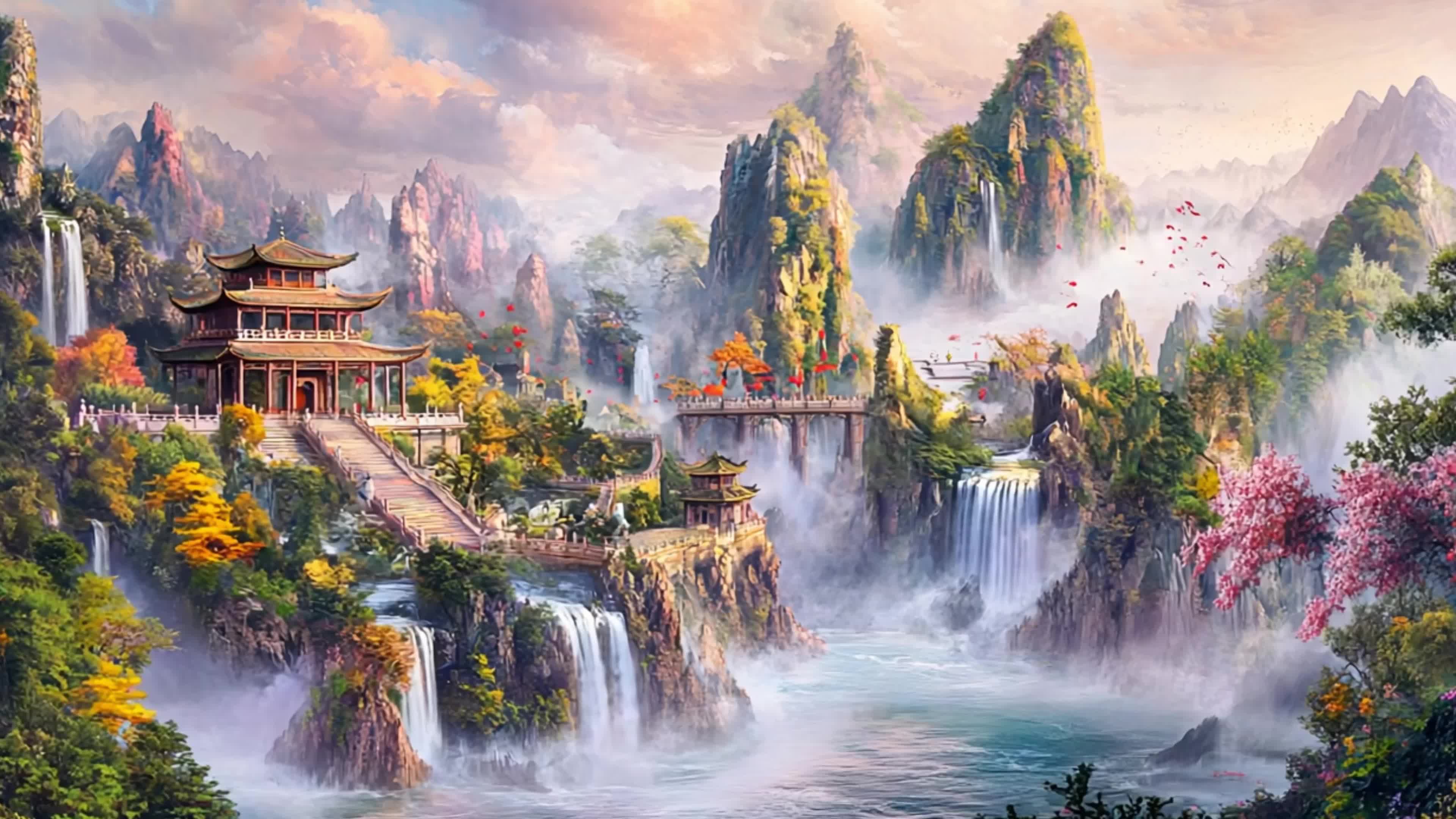 4k中国风山水画全景瀑布