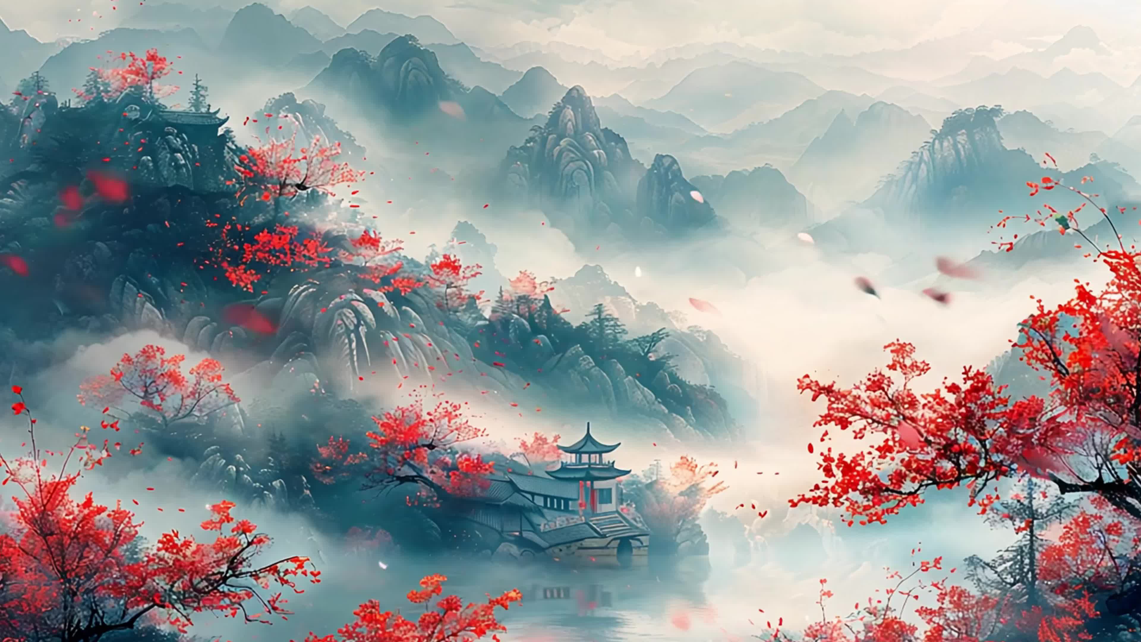 4k古风山水梅花中国风插画背景素材