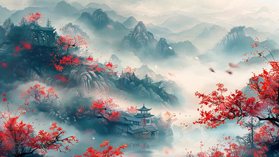 4k古风山水梅花中国风插画背景素材