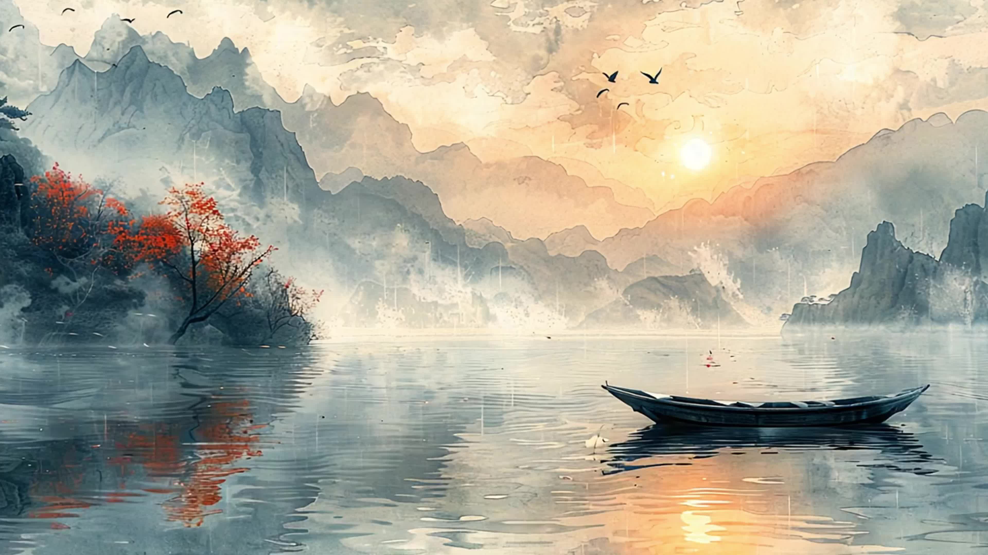 4k中国风古风国潮秋天唯美山水背景素材