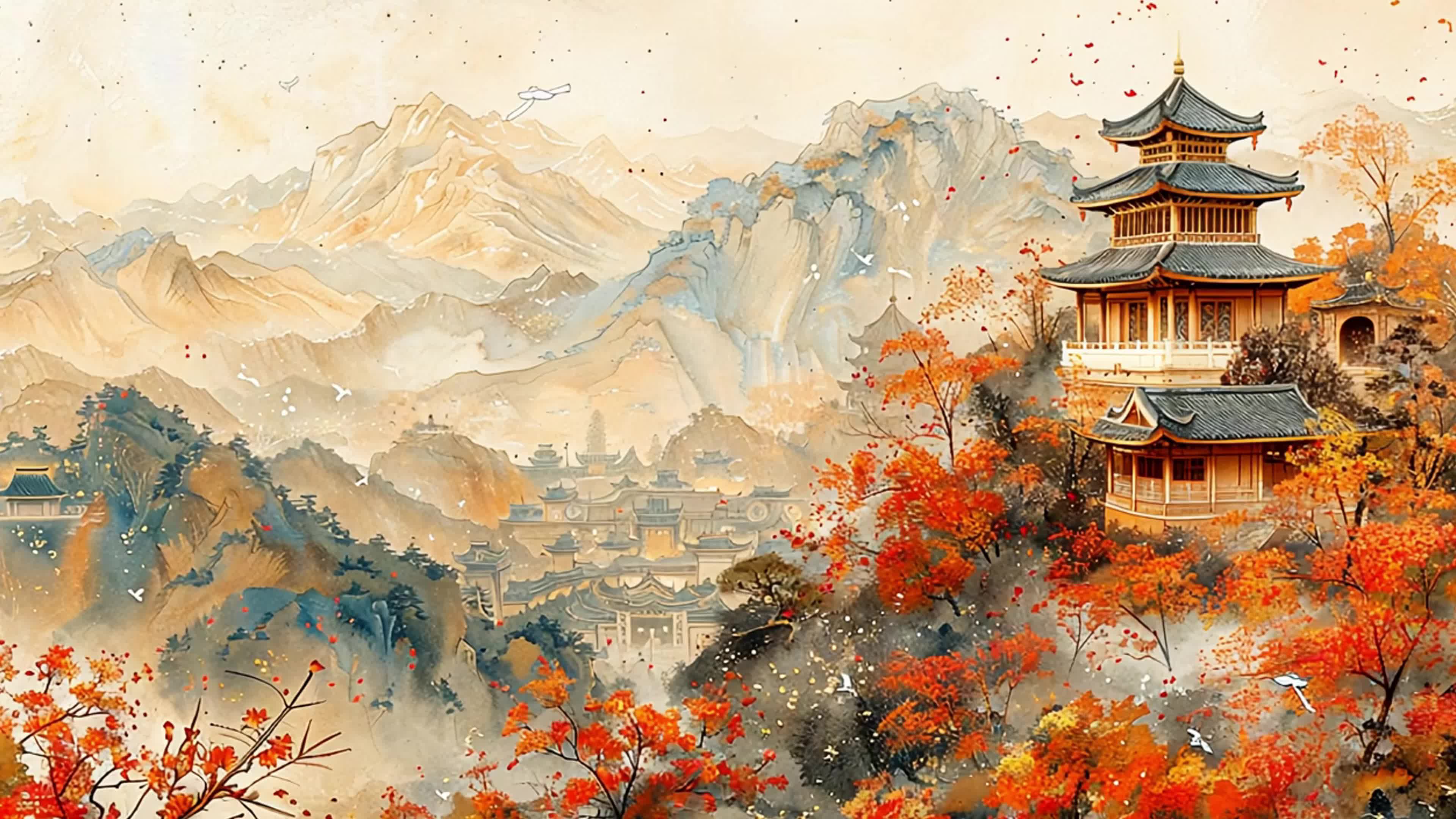 4k秋天古风山水国风视频背景素材