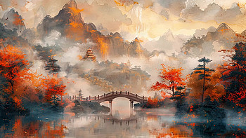 4k秋天秋季国潮山水背景素材