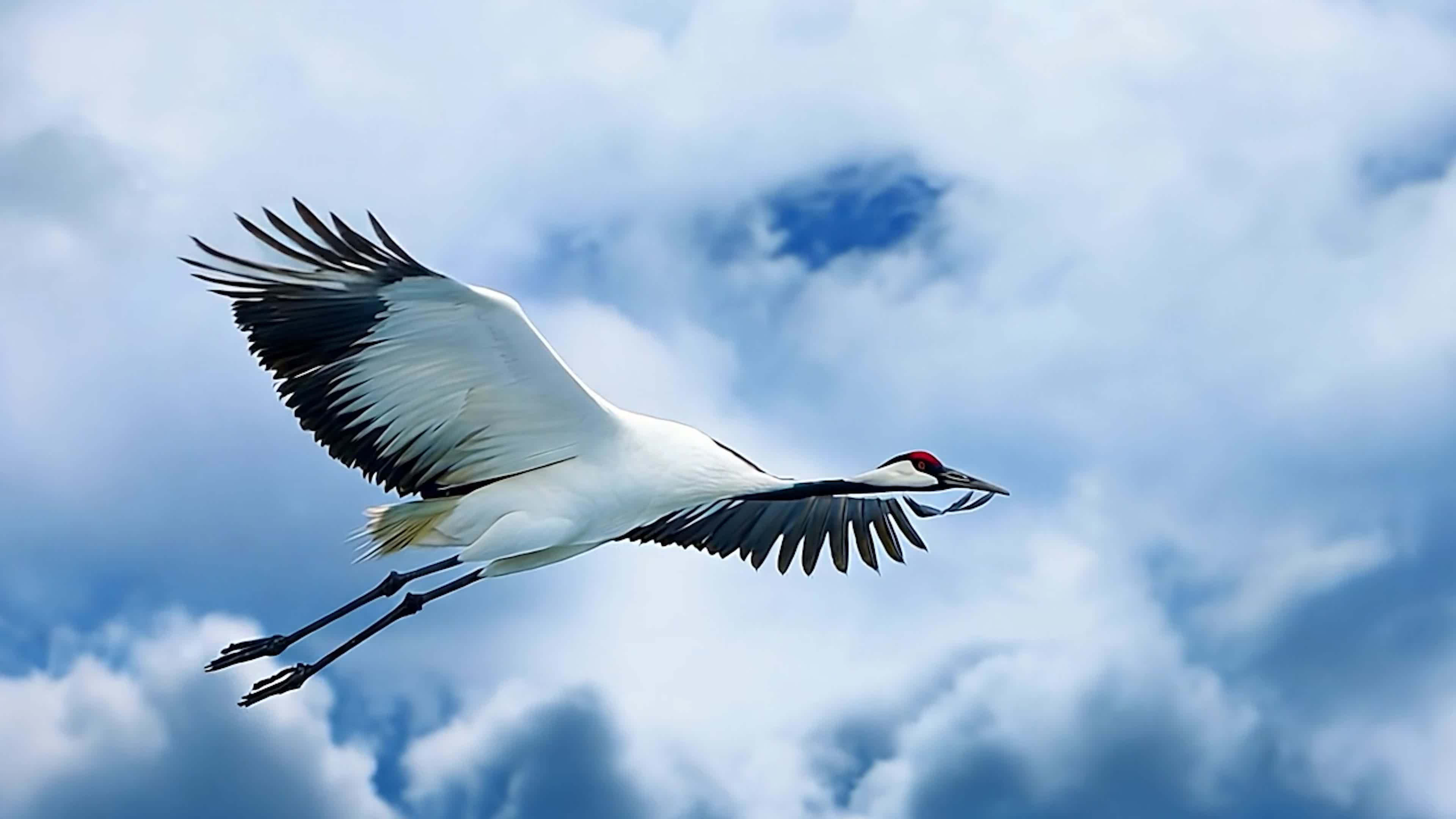 4k蓝天白云下飞翔的丹顶鹤实拍素材视频特效素材