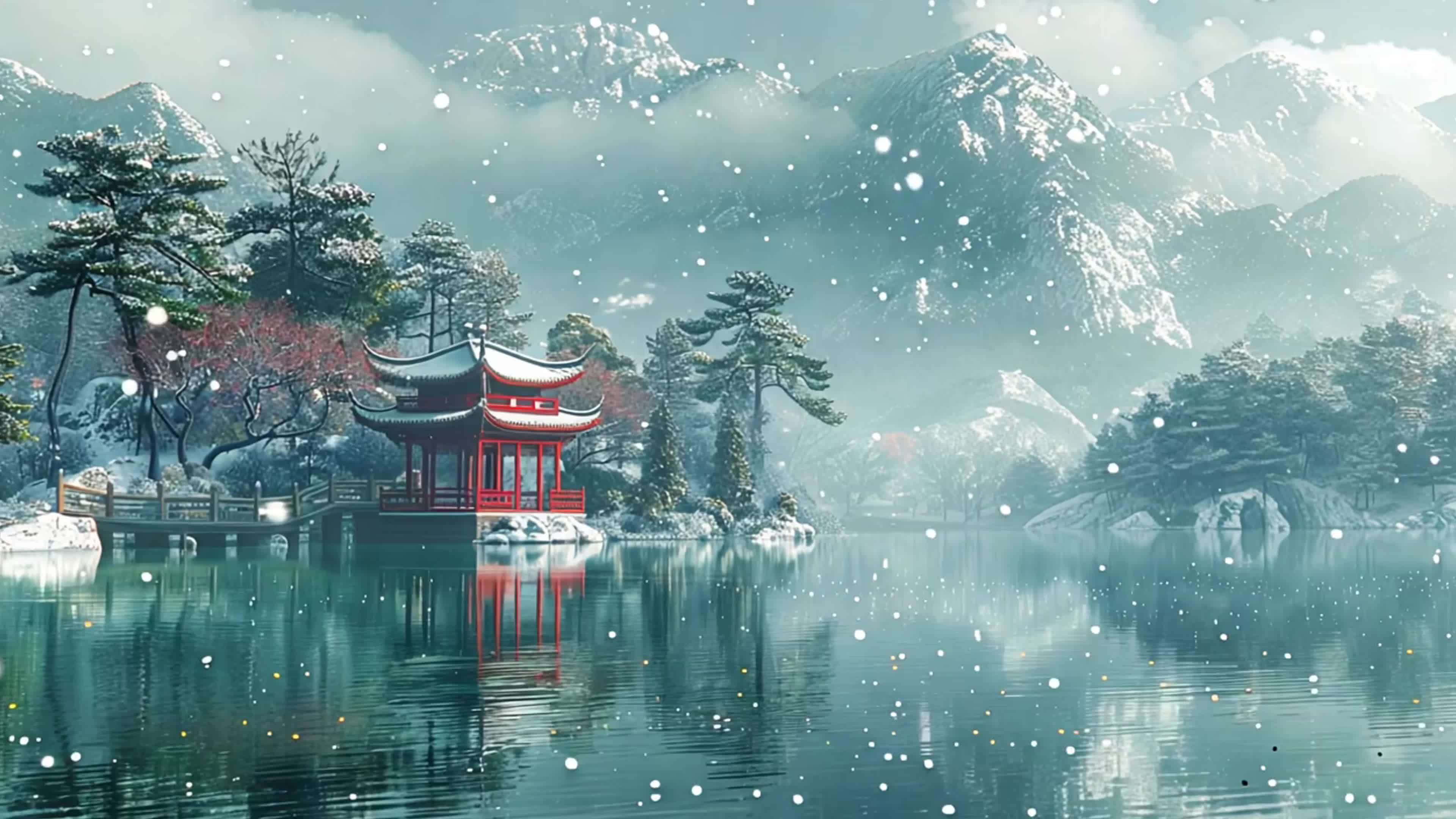 4k电脑游戏下雪古风场景素材