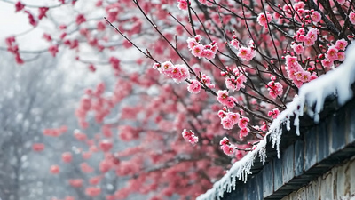 4k冬天冬季下雪积雪故宫墙角梅花视频