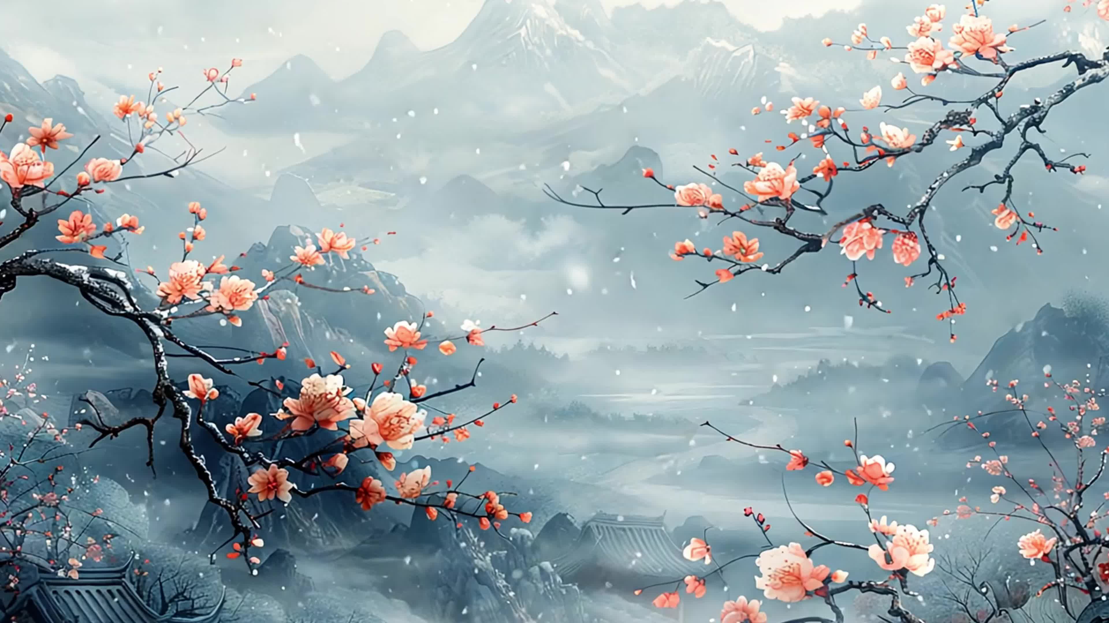 4k冬天盛开的梅花中国风山水视频背景