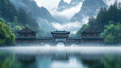清晨薄雾山间桥江南古桥实拍素材