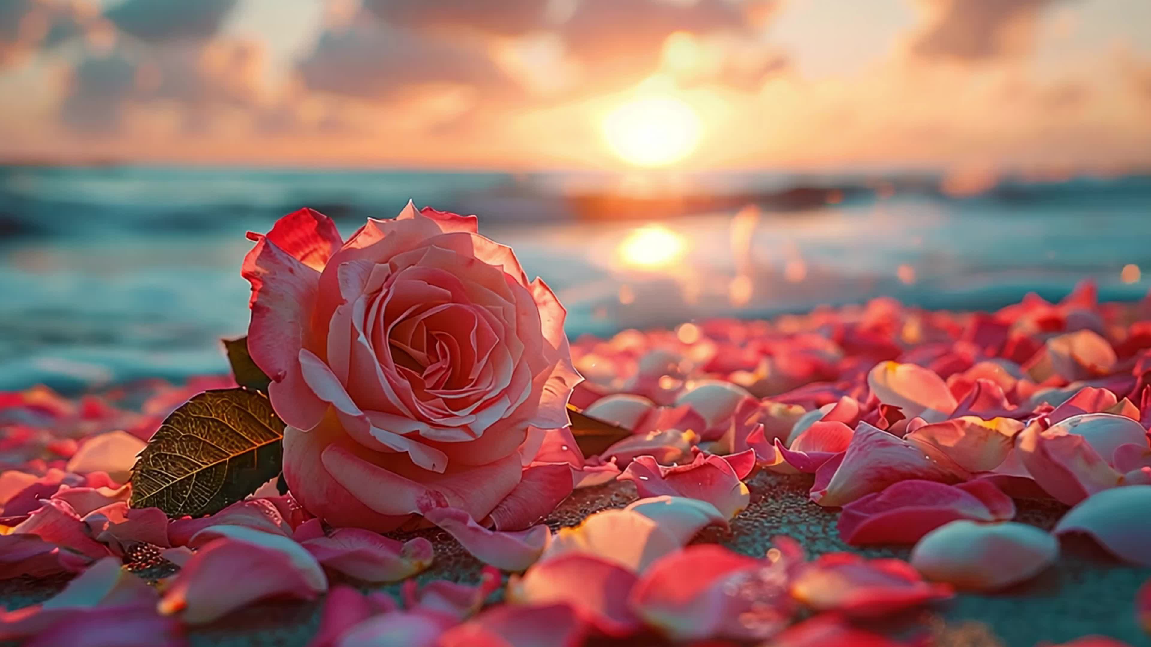 4k海边沙滩上的玫瑰花素材