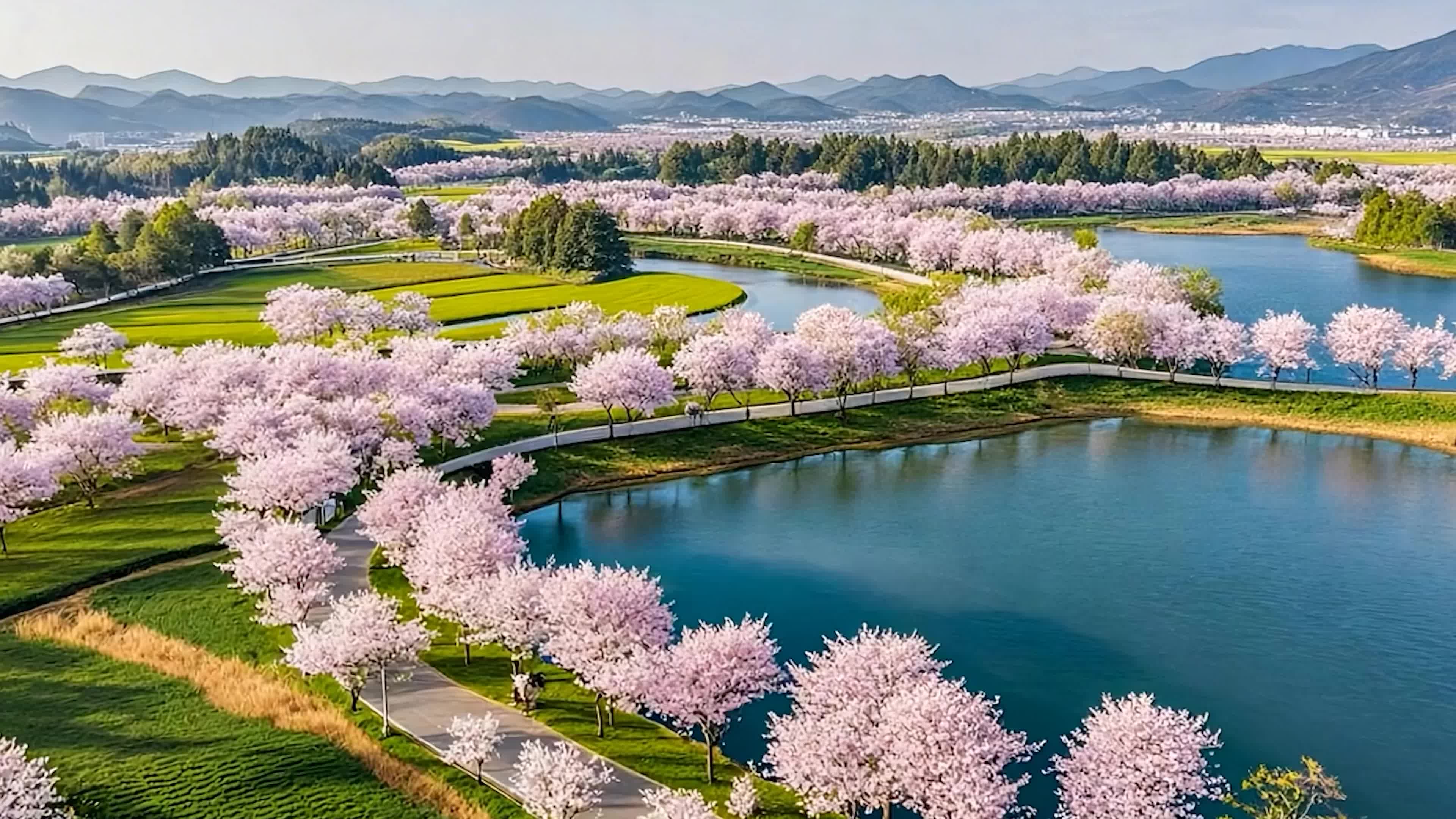 4k盛开的樱花树林航拍湖畔春色浓实拍素材视频特效素材