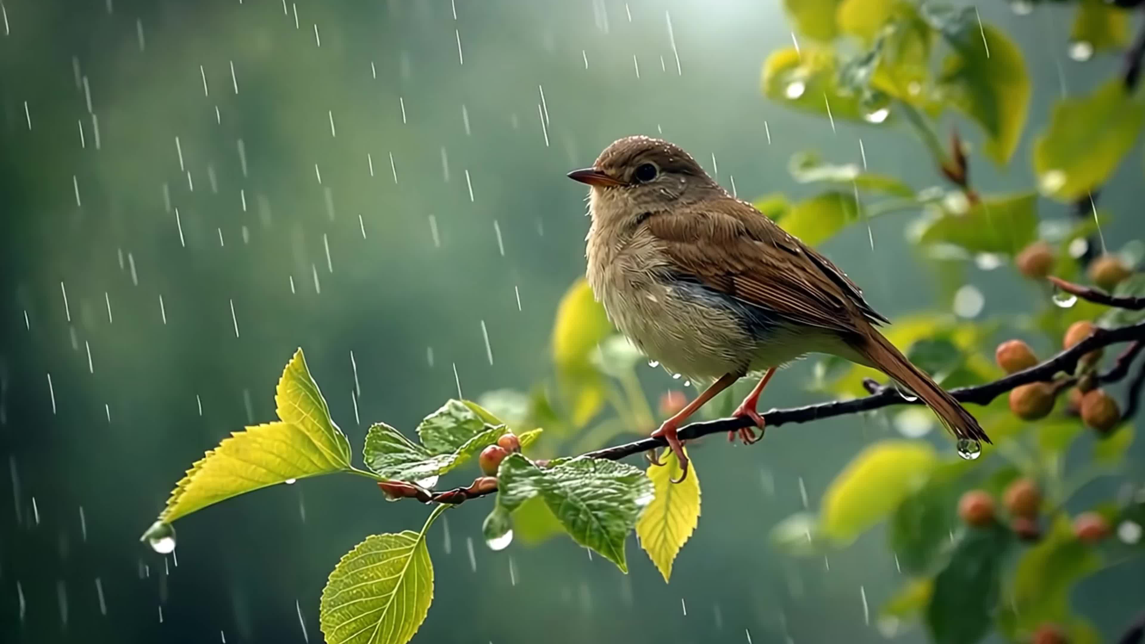 4k春雨中树上的鸟素材实拍视频素材视频特效素材