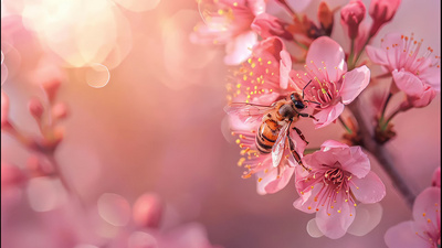 桃花蜂蜜动物可爱春季AI视频实拍素材
