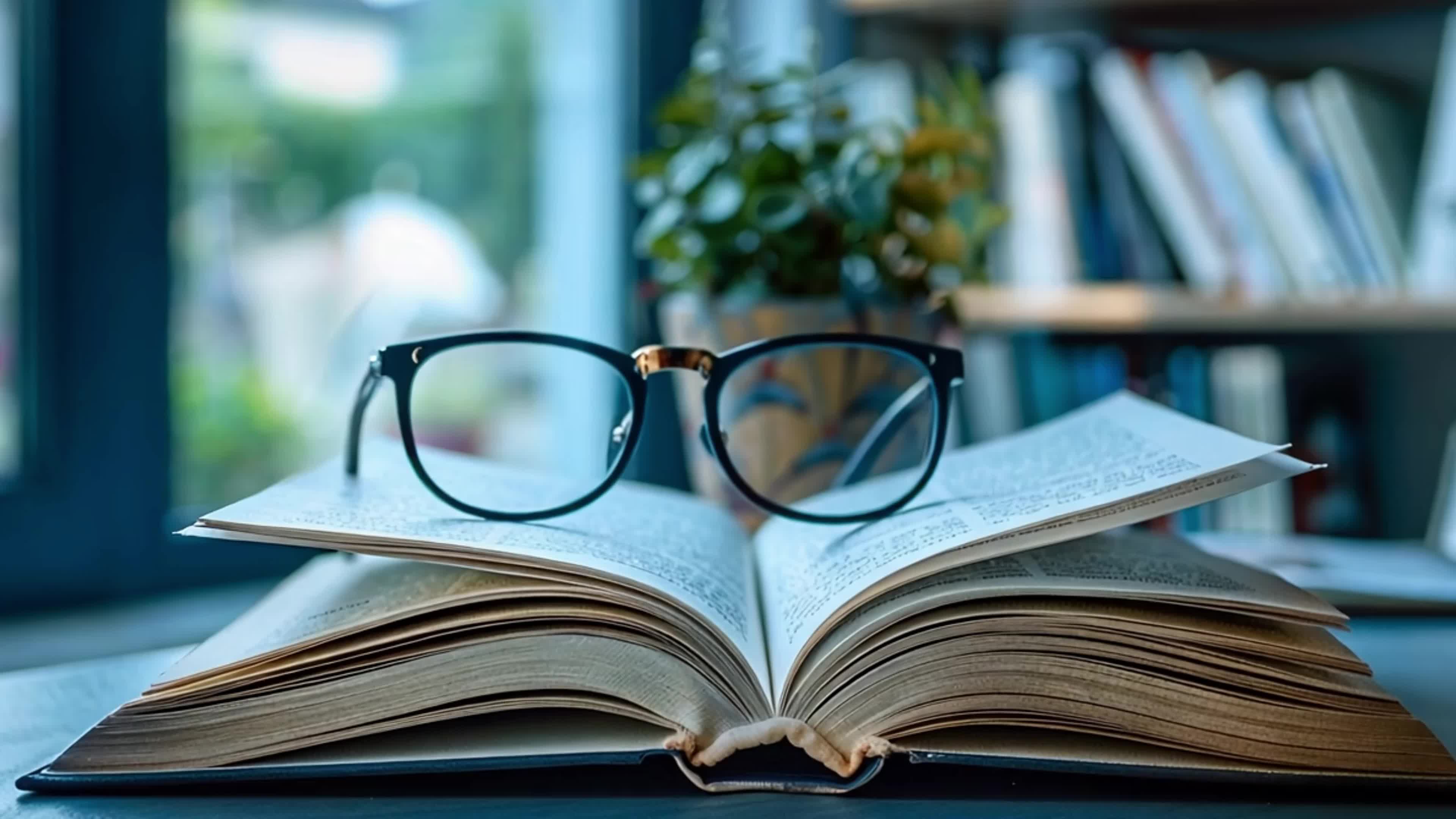 4k书桌上打开的书本和眼镜素材实拍视频素材视频特效素材