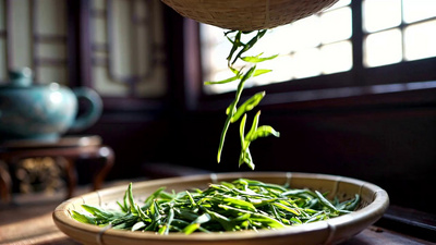 慢镜头茶叶筛选落下春茶