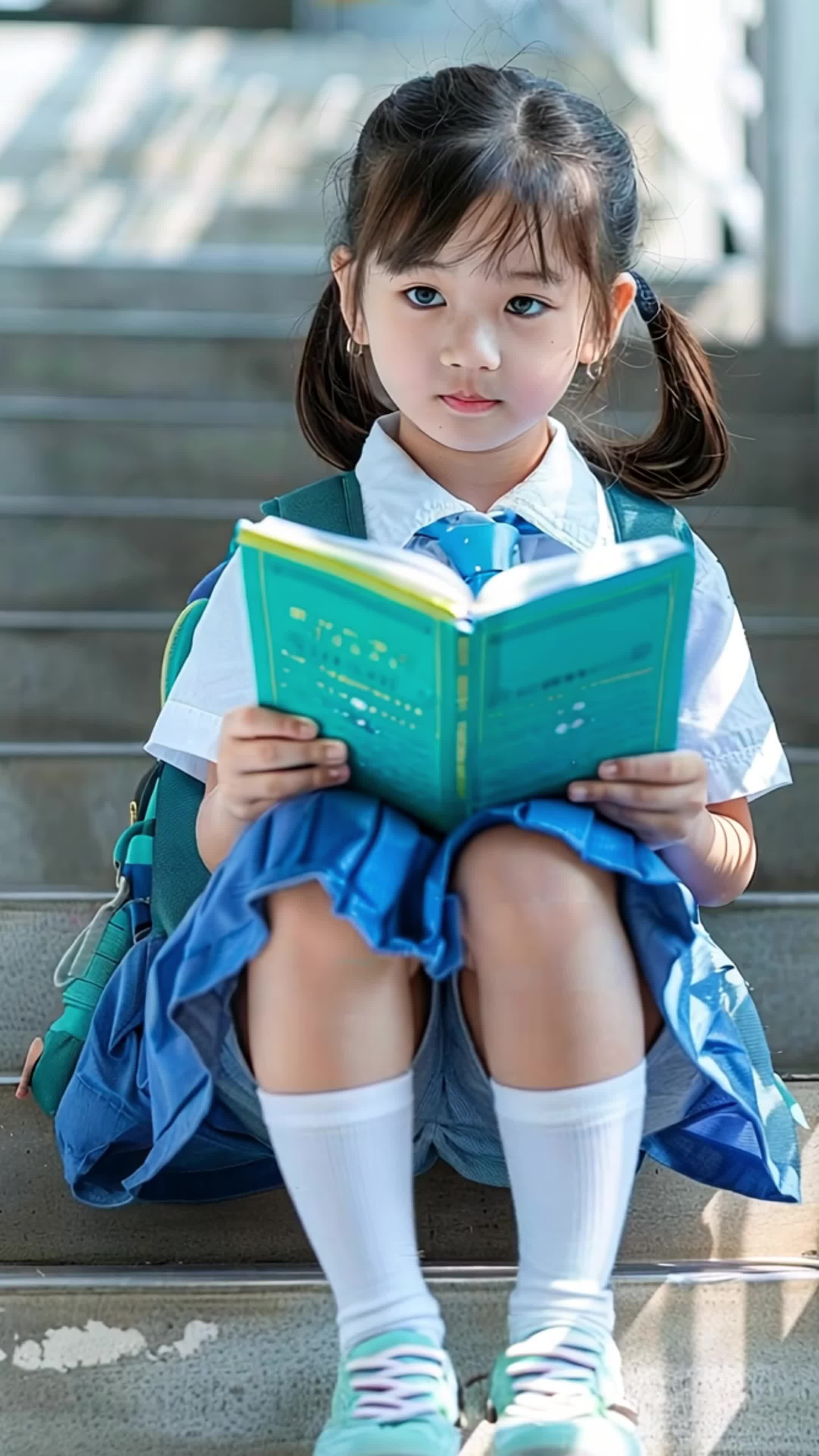 4k坐在台阶上看书的小女孩素材视频特效素材