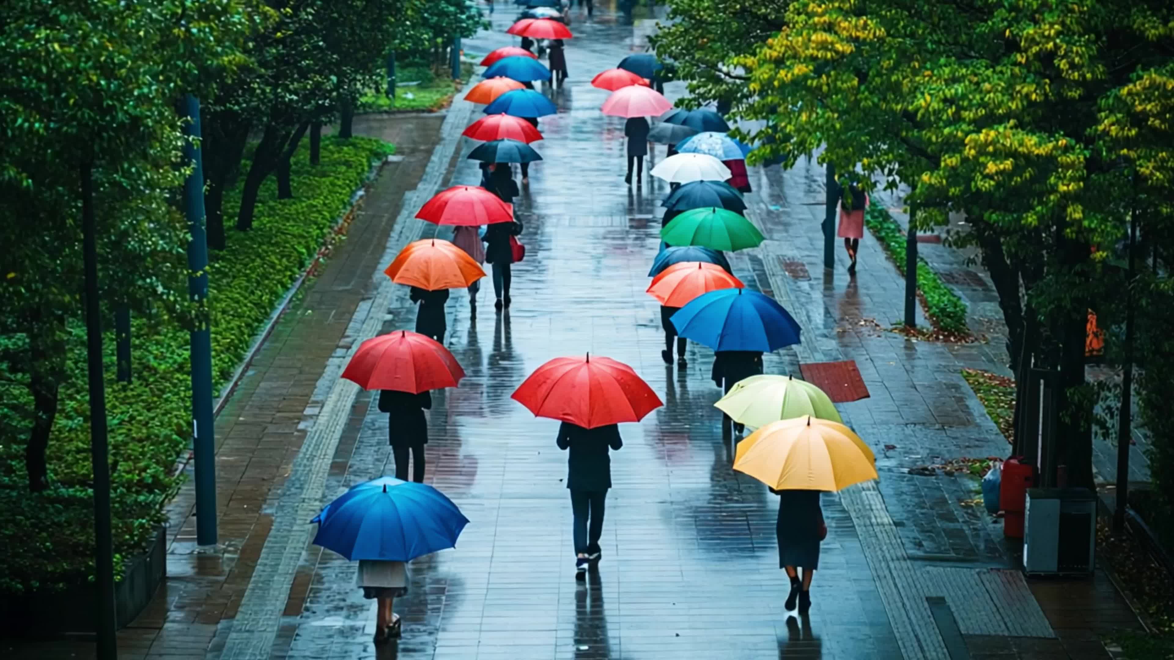 4K雨季街上行人打伞走路实拍视频素材视频特效素材-千库网
