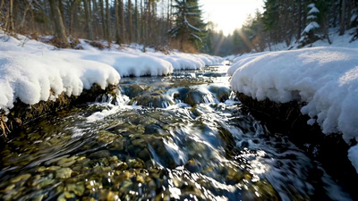 冰雪消融潺潺水流视频