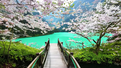 湖面户外风光远山桃花视频实拍视频素材