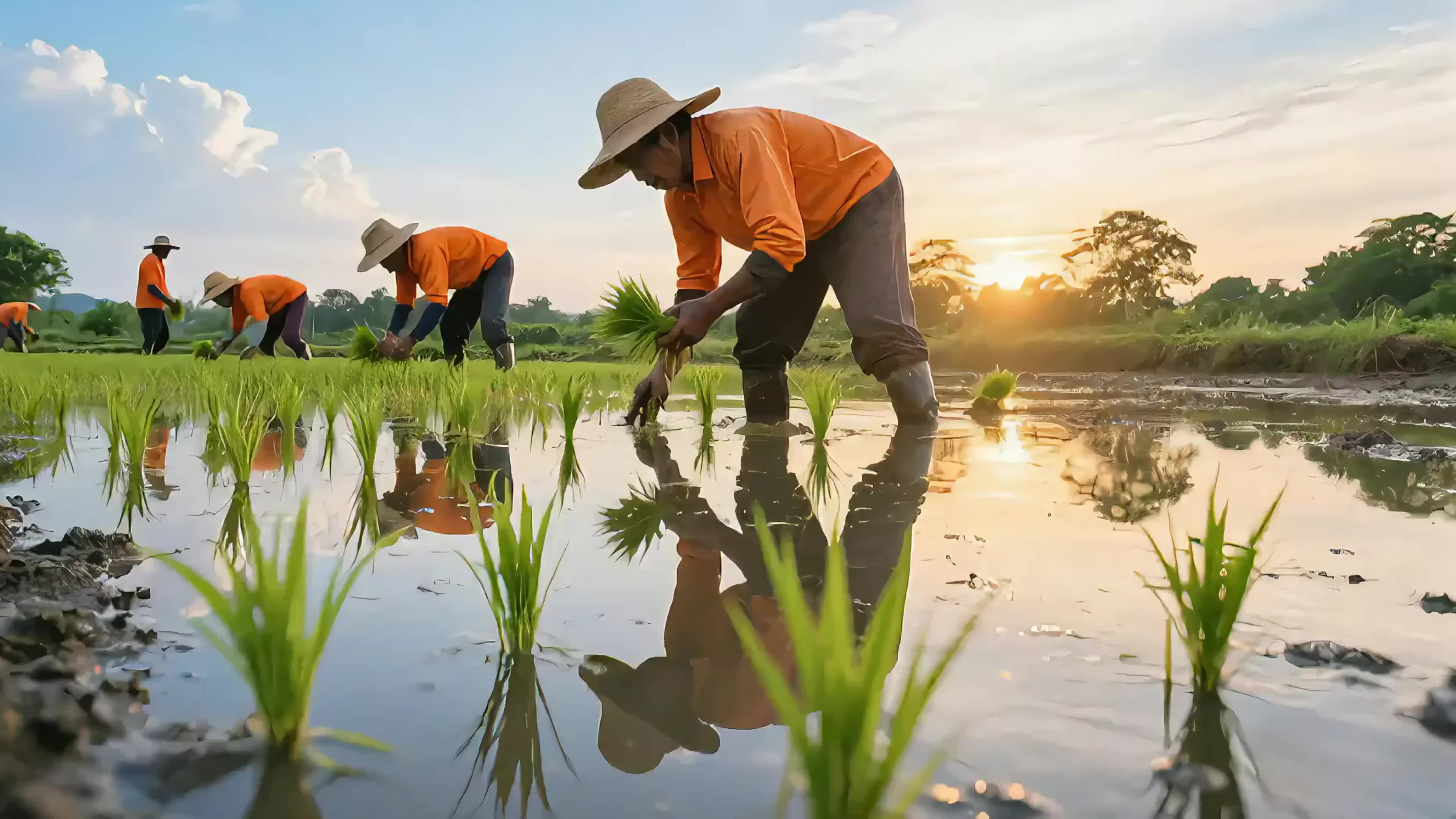 4k实拍黄昏农民田间劳作插秧视频视频实拍视频特效素材
