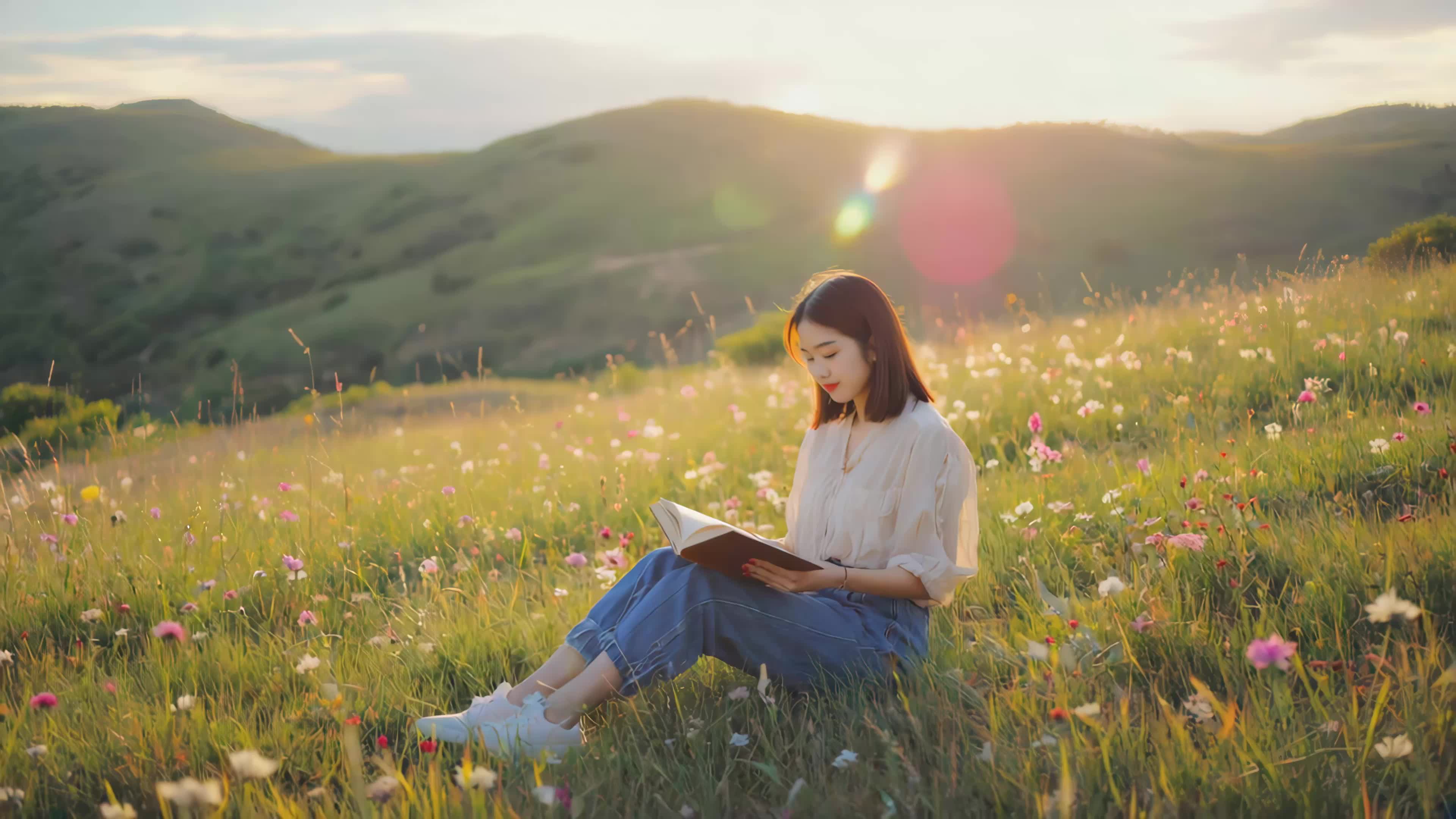 花季少女坐在草地上看书视频实拍素材视频特效素材