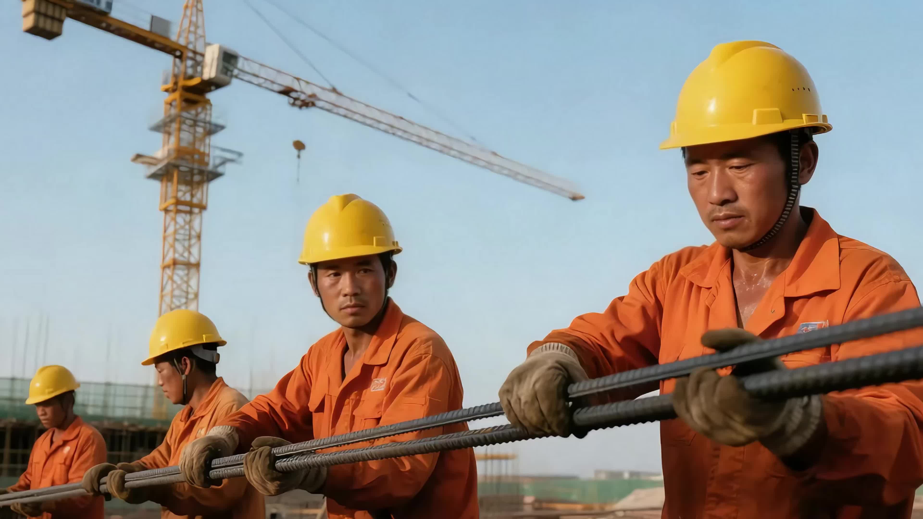 实拍五一劳动节建筑工人进行钢筋作业视频实拍视频特效素材