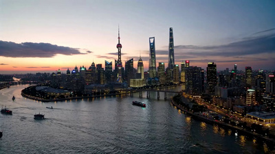 上海黄浦江日落城市风光航拍延时
