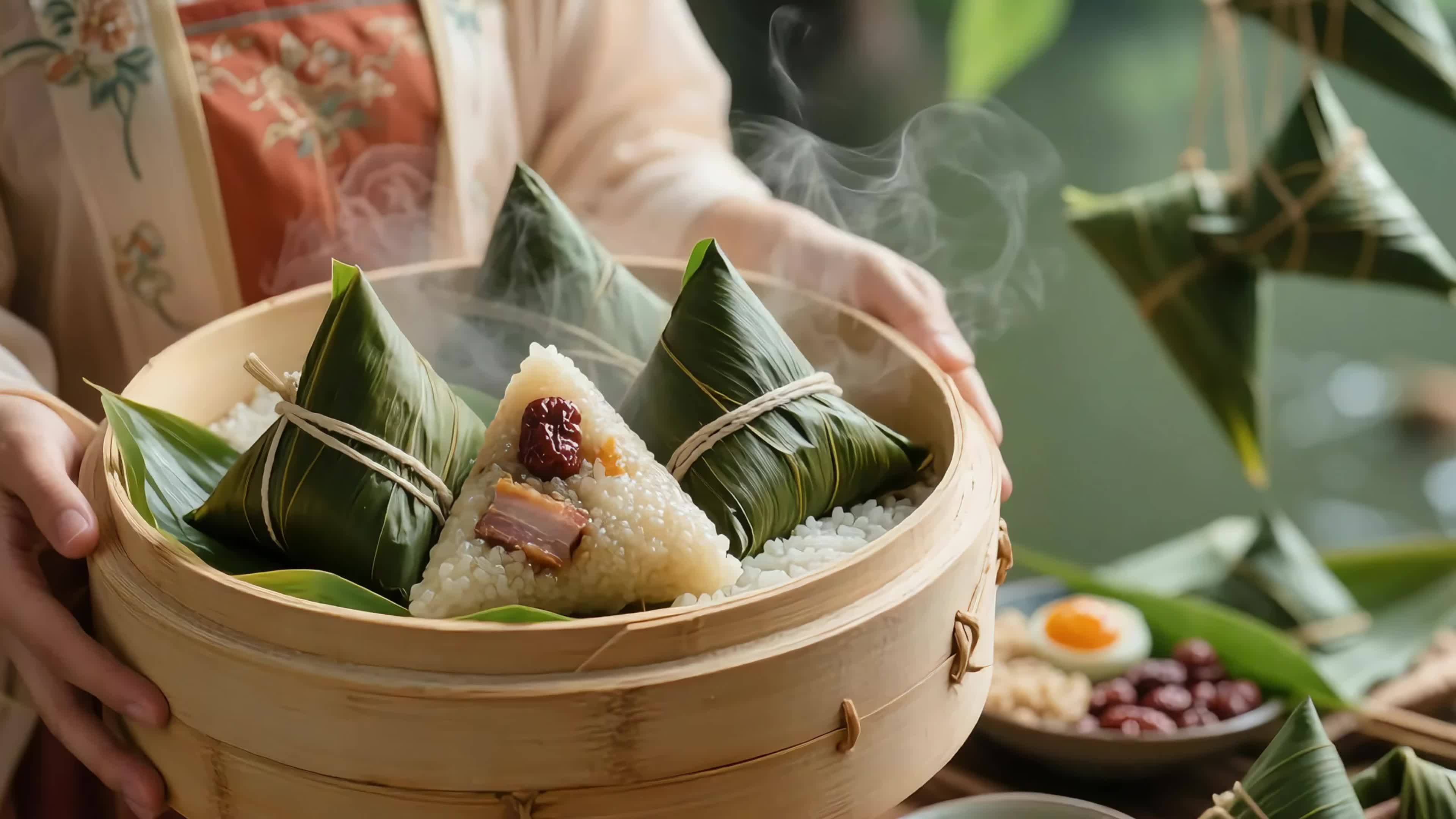 实拍端午节女子手捧盛有粽子的竹制蒸笼实拍视频素材