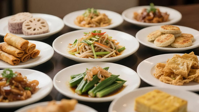 实拍中式菜肴炸春卷炸藕盒香煎芋泥秋葵美食实拍视频素材