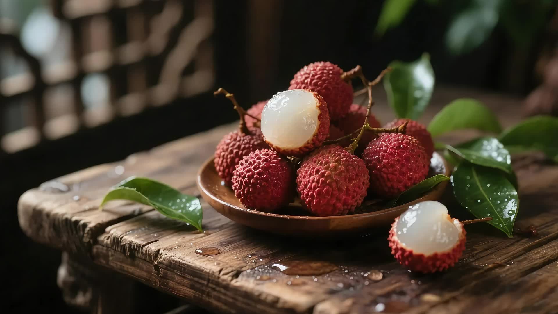 木桌上的荔枝鲜果果盘健康视频视频特效素材