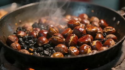 实拍一口大铁锅内秋季美食糖炒板栗视频实拍
