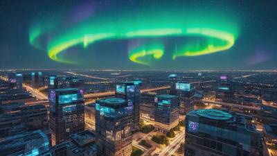 极光实拍视频素材城市夜景上空的极光景象ai视频实拍视频素材
