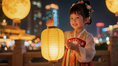 中秋佳节月圆人团圆小孩提灯笼饰品背景视频