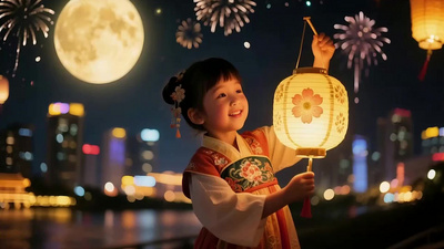 橱窗饰品实拍视频素材中秋佳节月圆人团圆小孩提灯笼饰品背景视频